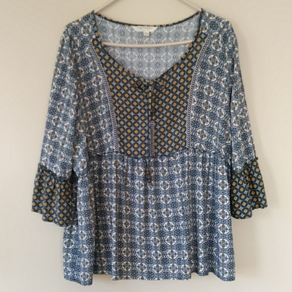 Tantrums Peasant Style Boho Top Blouse XL Blue Yellow